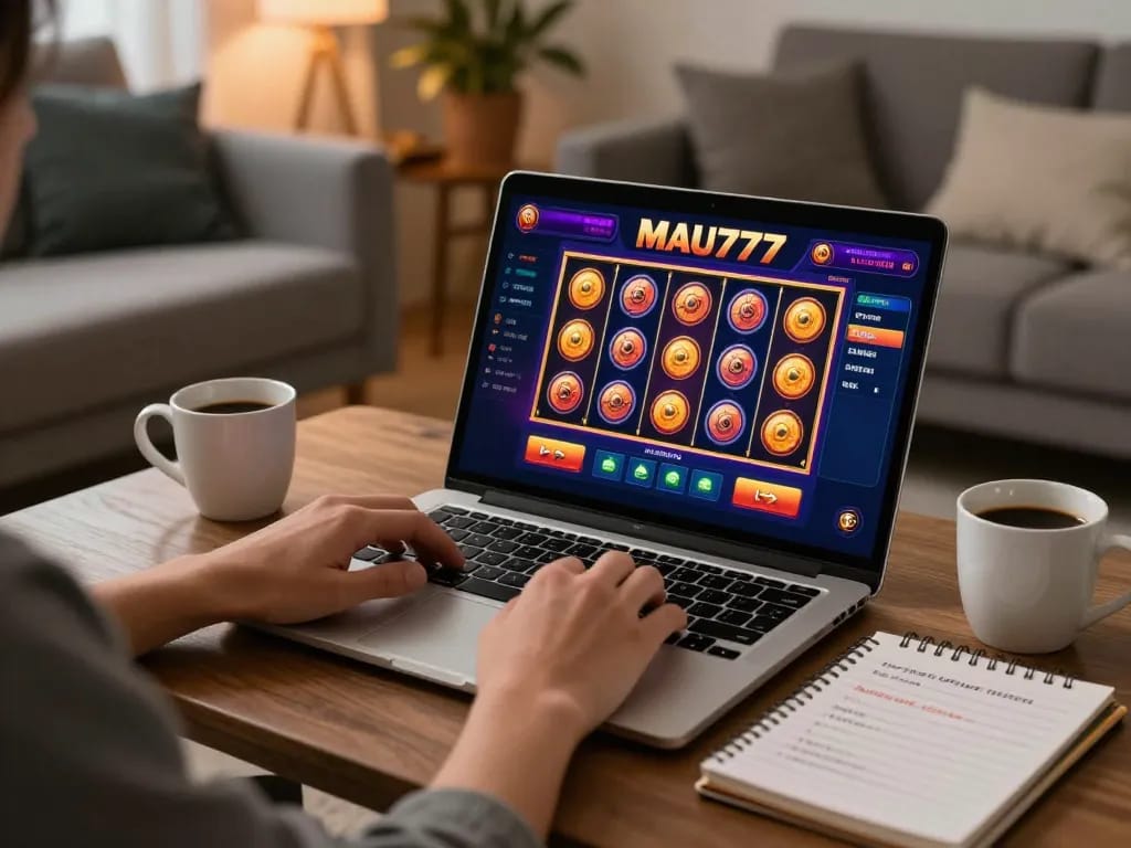 Engaging in MAU777 login, a player prepares for an online slot strategy session at home with a laptop.