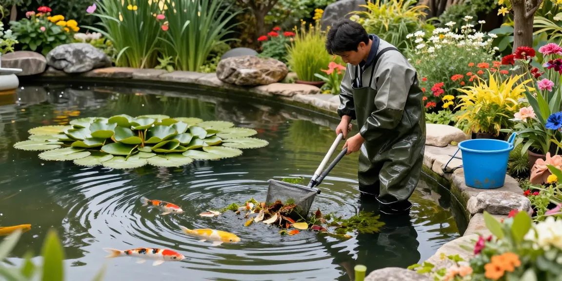 Pond Clean Kent professional cleaning debris from a serene garden pond surrounded by lush greenery and vibrant koi fish.