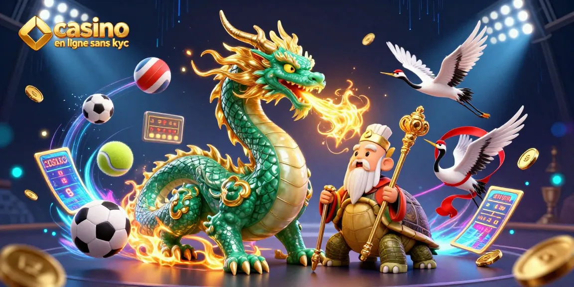 Découvrez un casino en ligne sans KYC avec une illustration dynamique de dragon, tortue sage et grues porte-bonheur.