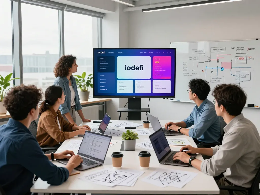 Developers collaborating on iodefi analytics in a vibrant tech office.