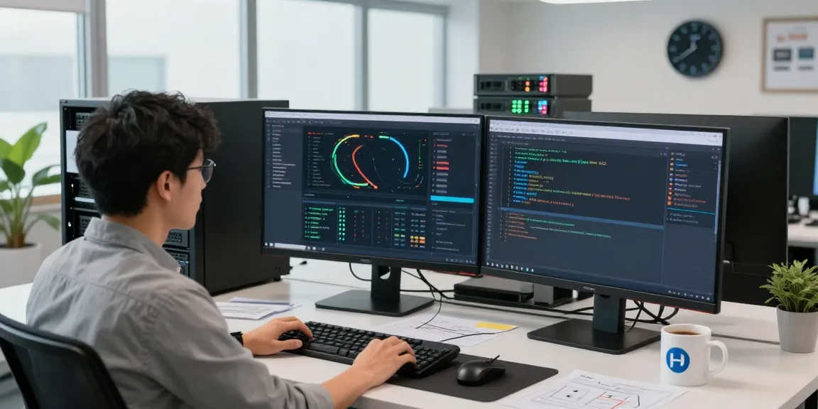 Managing servidores vps windows in a modern tech workspace with dual monitors displaying server dashboards and performance metrics.