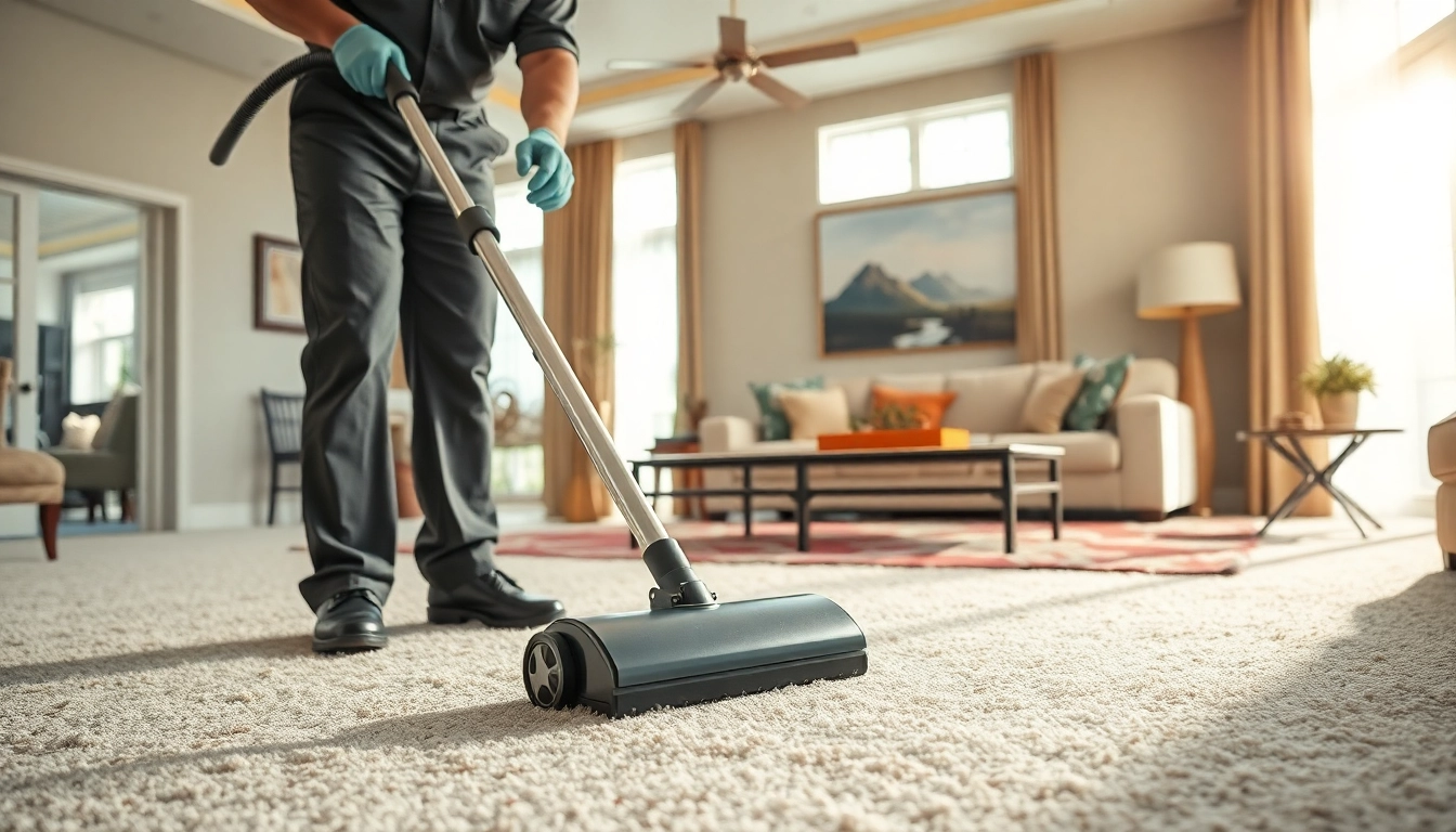 Best carpet cleaning company technician expertly servicing a plush carpet in a sunlit room.