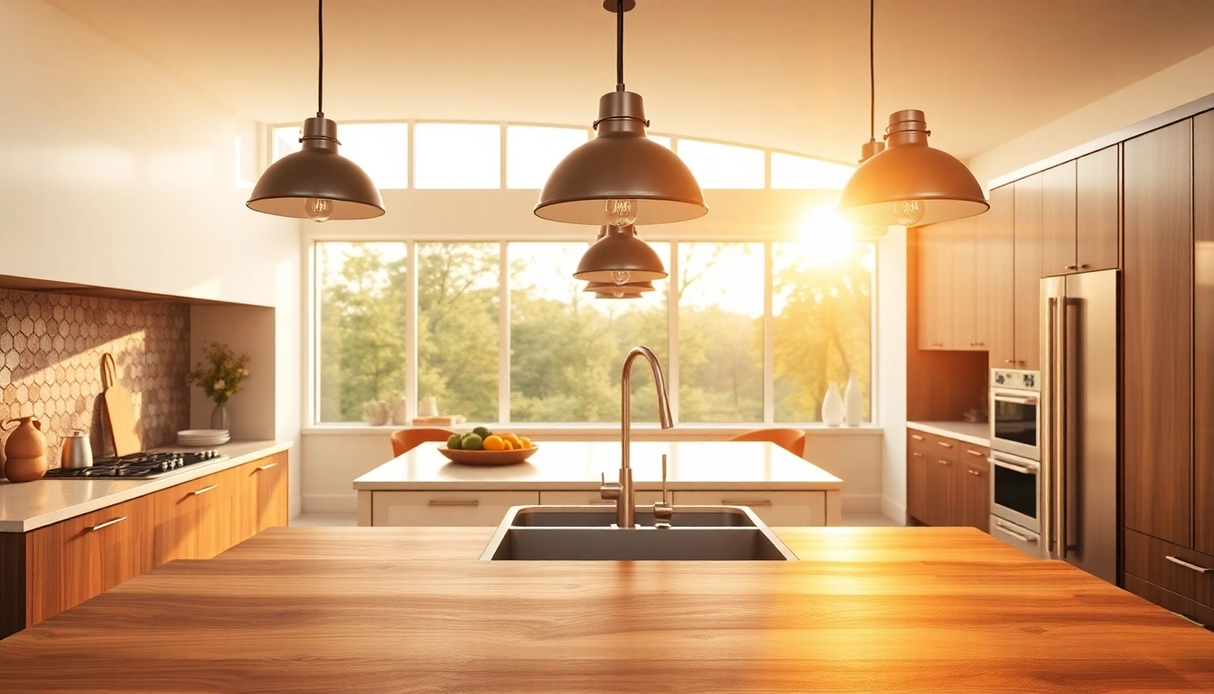 Illuminated island light fixtures enhancing a contemporary kitchen's inviting atmosphere.