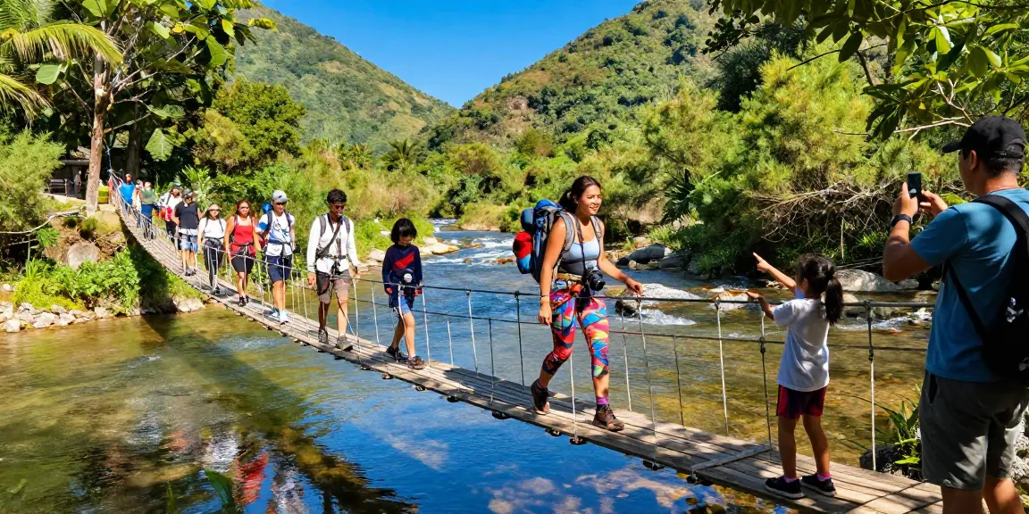 Group crossing a River Rope Bridge over a scenic river, showcasing adventure and nature.