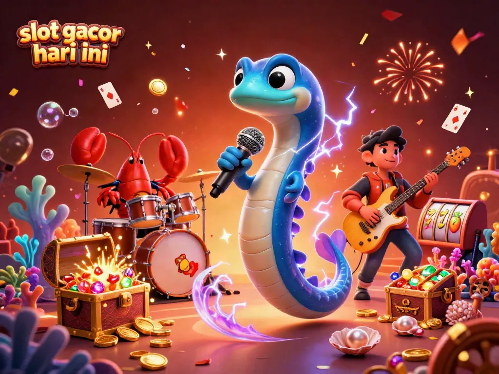 Slot gacor hari ini: Gambar ilustrasi 3D yang menampilkan listrik belut dan band laut di panggung kasino bawah laut