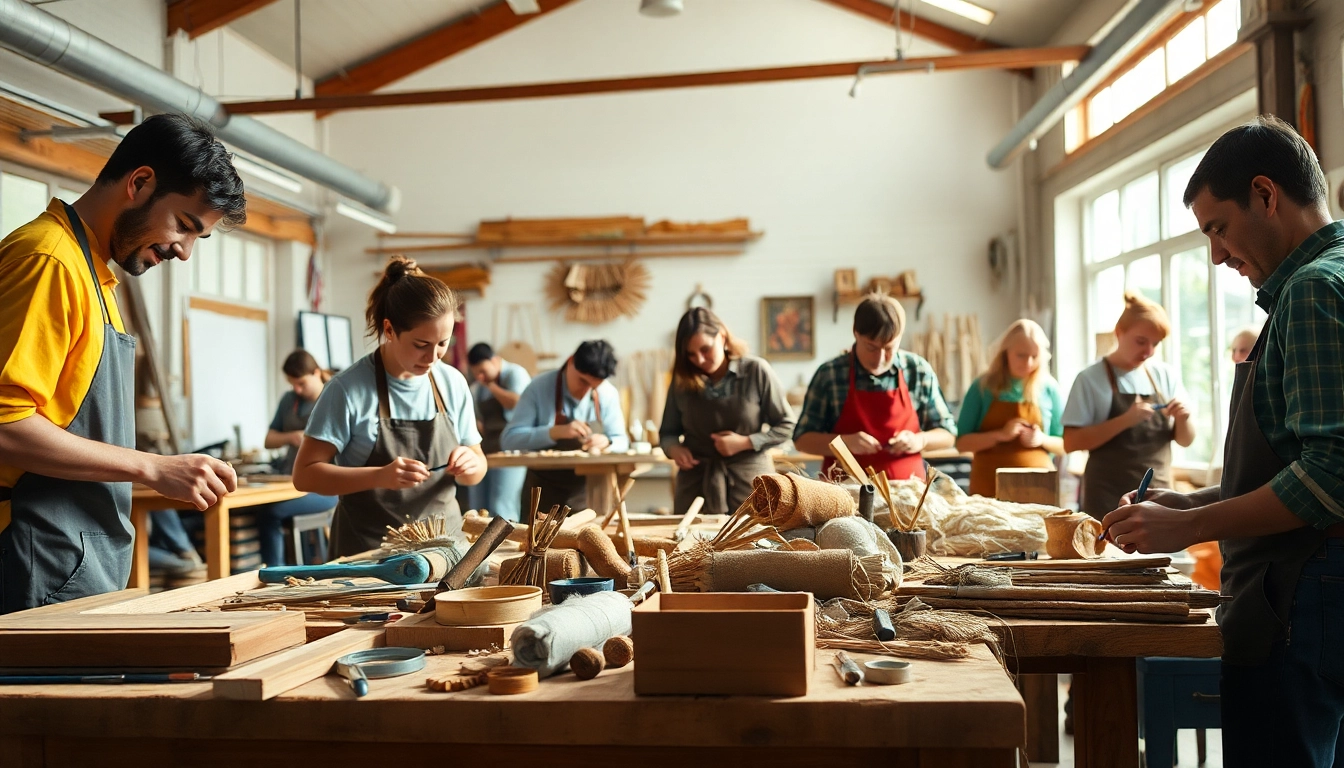 Engaging craft training programs with artisans collaboratively creating in a well-lit workshop.