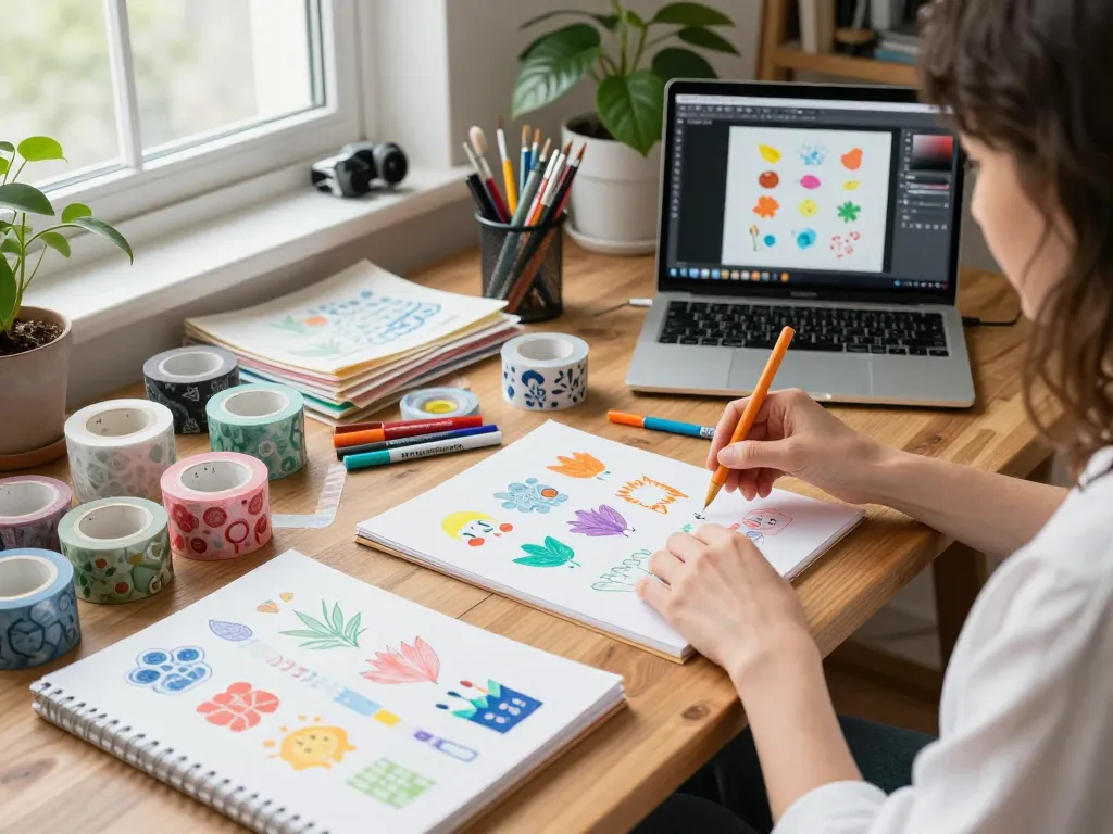 Artist designing custom washi tape with vibrant colors and art supplies.