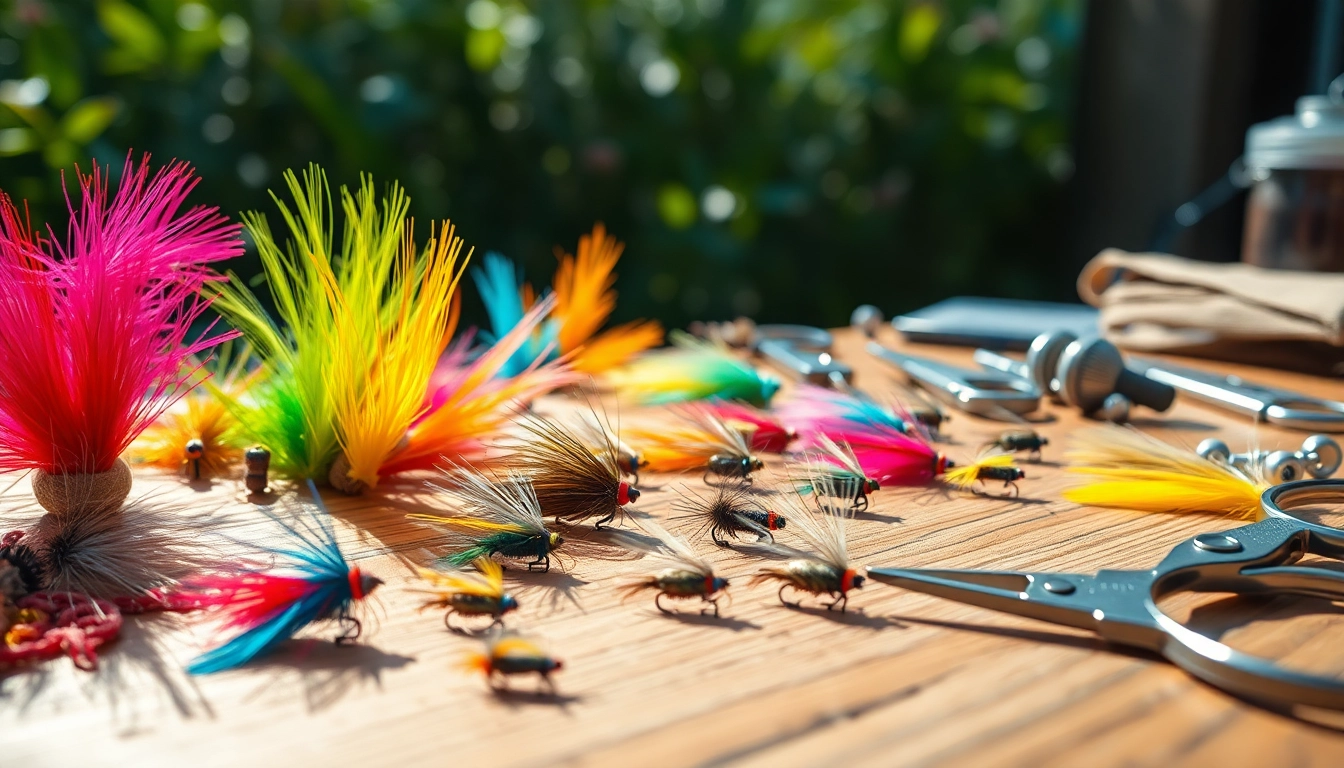 Engaging scene of fly tying materials and finished flies showcasing creativity.