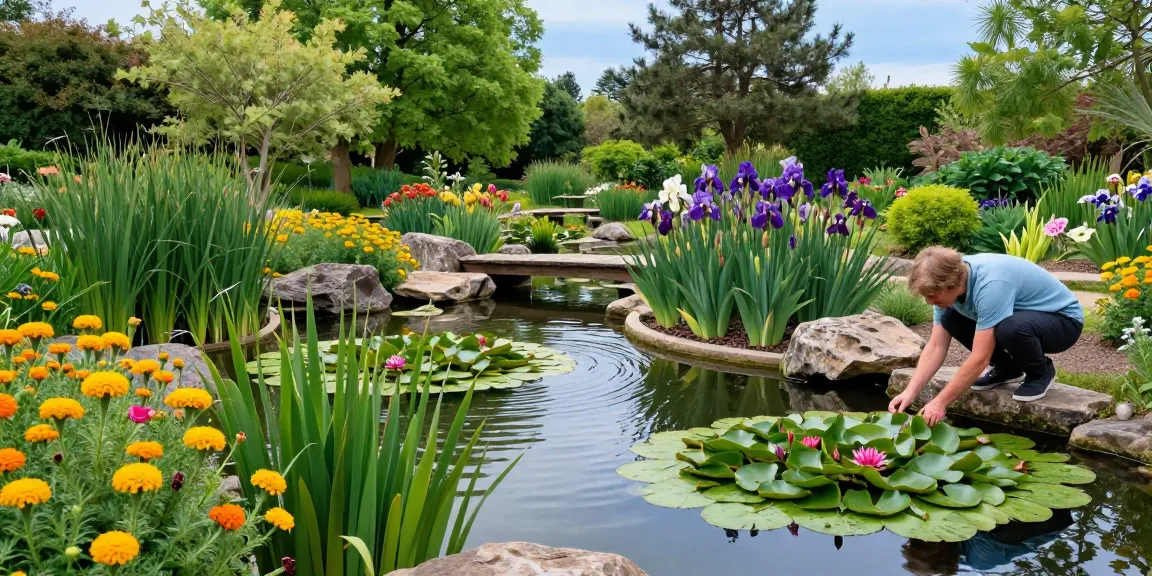 A gardener nurturing British pond plants like water lilies and irises in a tranquil garden pond setting.