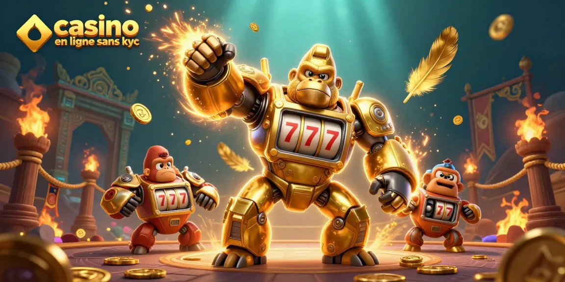 Illustration d'un casino en ligne sans KYC avec un gorille robotique doré et des éléments de jeu dynamiques.