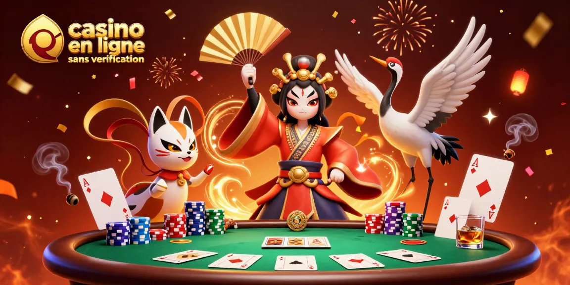 Démarrez votre aventure dans un casino en ligne sans vérification avec des personnages asiatiques et des jetons de poker.
