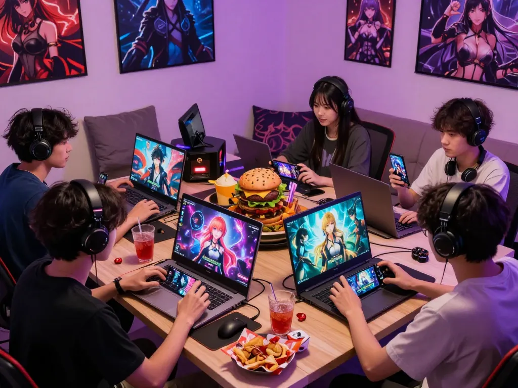 Engaging players enjoying porn games online in a vibrant gaming setup with multiple devices and colorful characters.