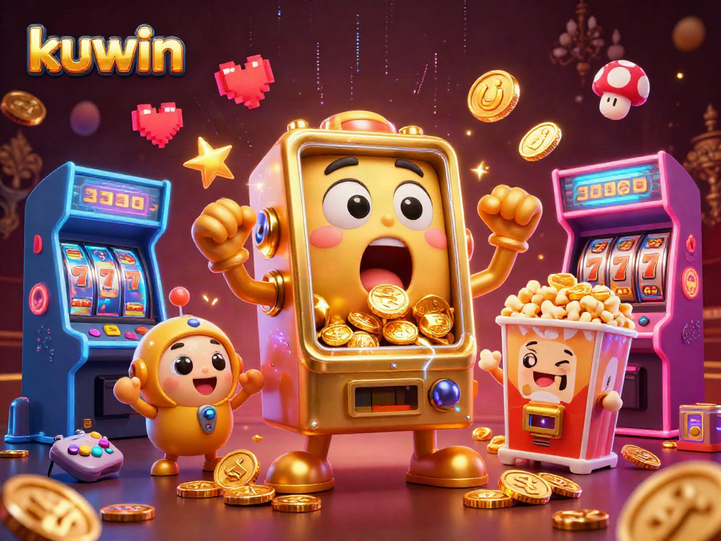 Kuwin's golden slot machine celebrates a jackpot, surrounded by cheering machines and colorful gaming elements.
