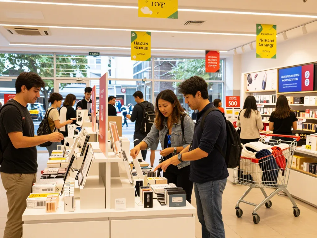 Shopper engaging with new products at https://hubet88.icu/ in a vibrant retail space with promotional displays.