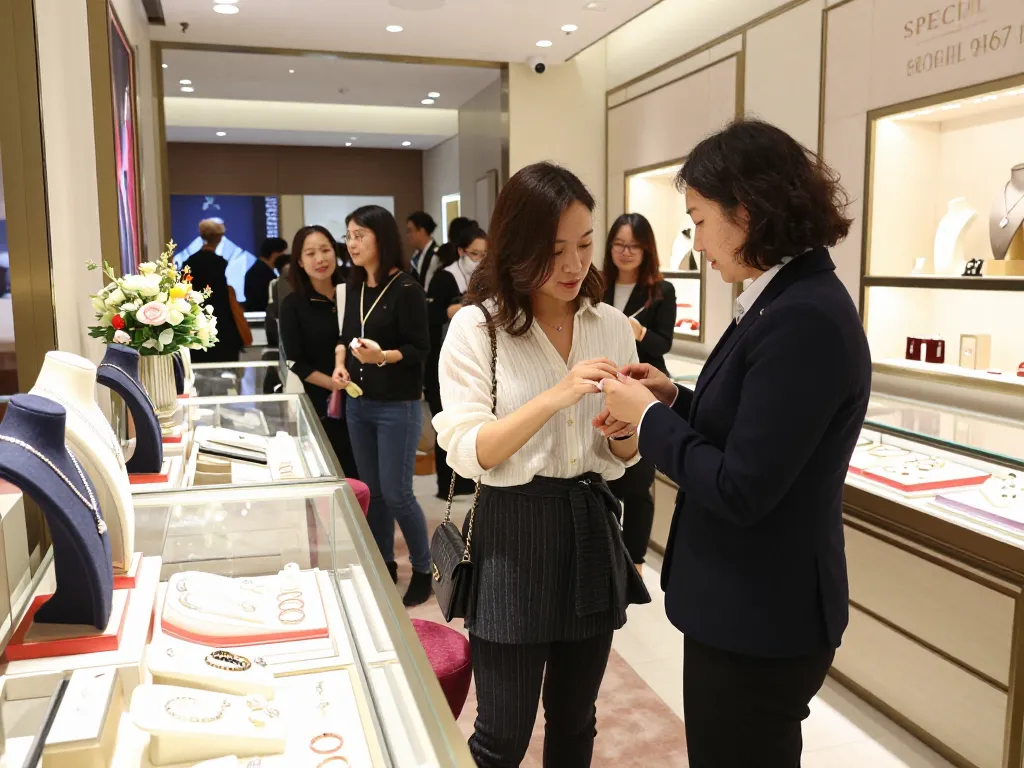Customer explores elegant jewelry collection in store; read more here for stunning designs.