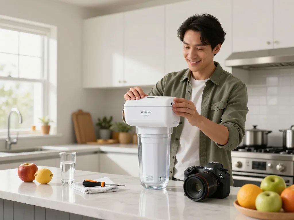 Installing Waterdrop Replacement for Samsung DA29-00003G water filter in a modern kitchen, highlighting home improvement.
