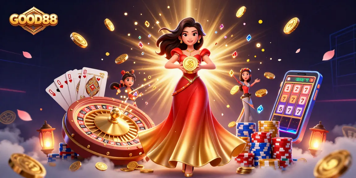 Experience exciting wins with GOOD88 in this vibrant casino-themed illustration.