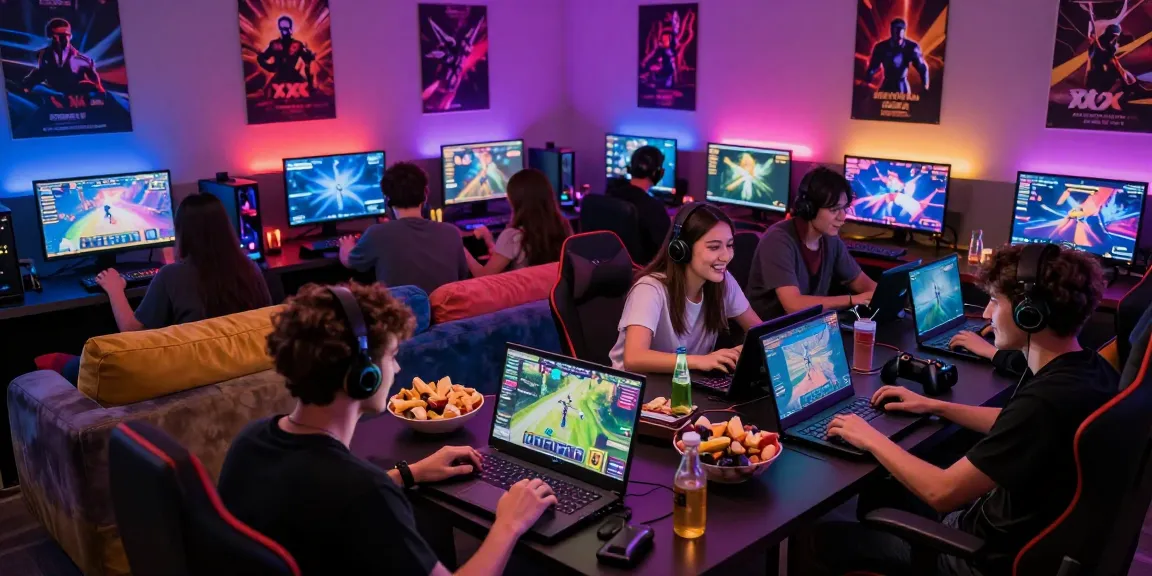 Group enjoying xxx games in a vibrant gaming lounge with colorful screens.
