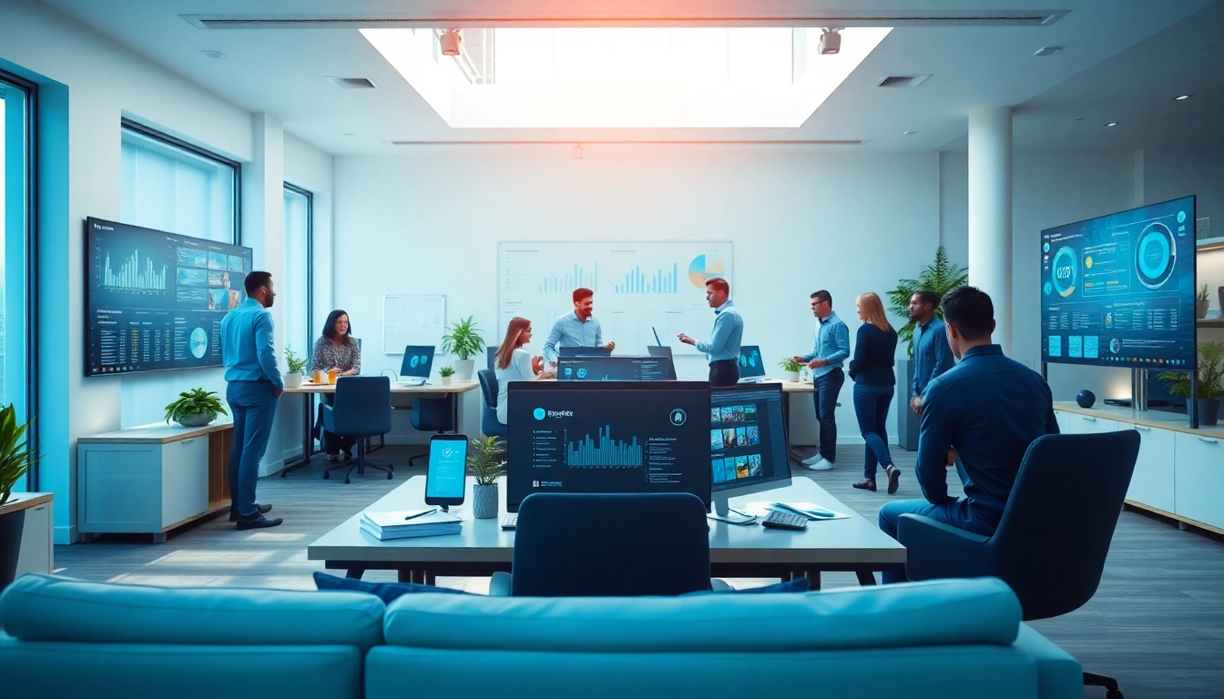 Showcasing an enterprise assistant saas in a dynamic digital workspace with a diverse team.