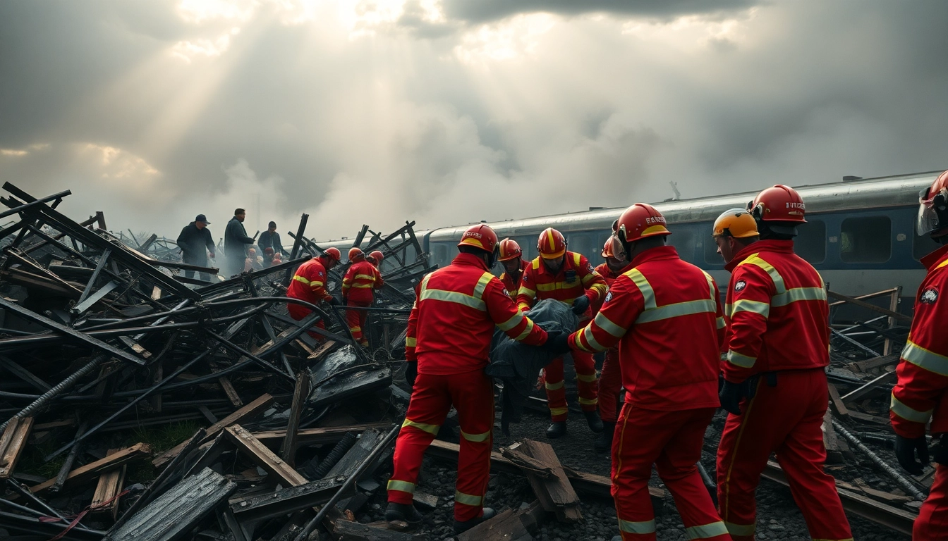 Emergency responders at the scene of the spain train crash assisting victims.