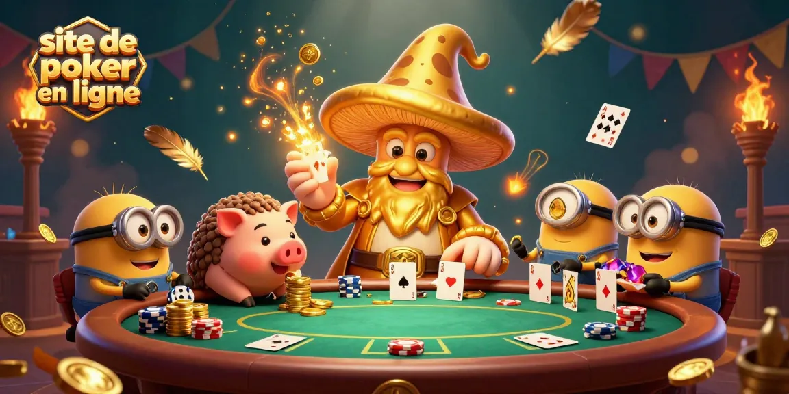 Participez à un tournoi captivant sur un site de poker en ligne avec des personnages magiques et des jetons scintillants.