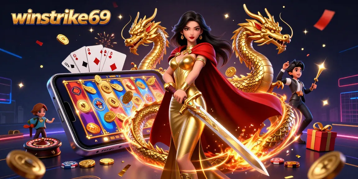 Winstrike69 highlights thrilling slot action with a captivating warrior queen illustration.
