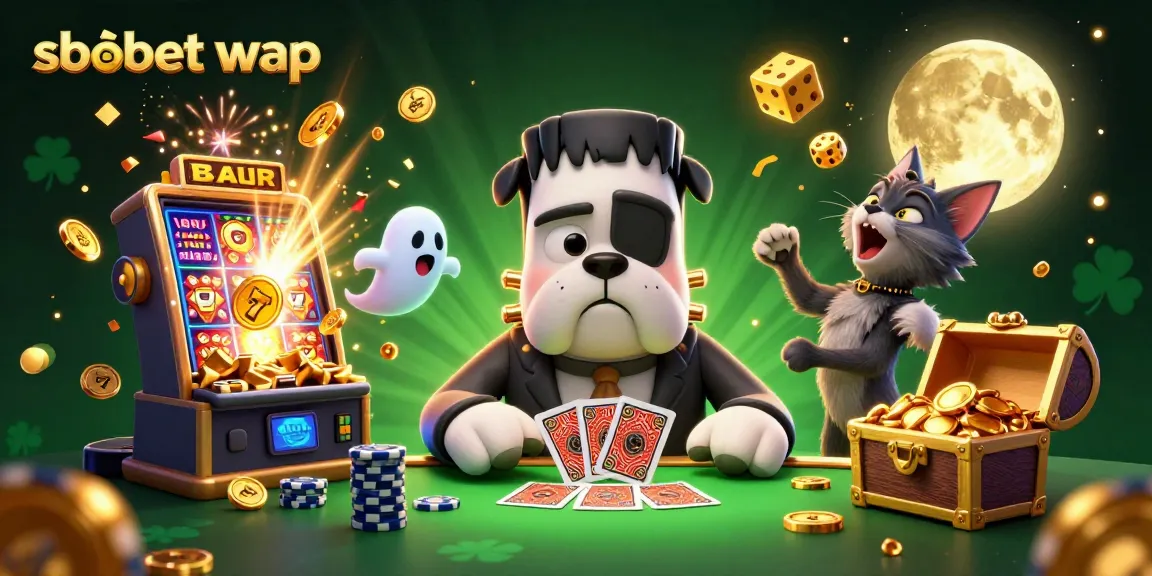 Engage with sbobet wap as the cartoon Frankenstein bulldog deals cards amidst a vibrant casino scene, maximizing winnings.