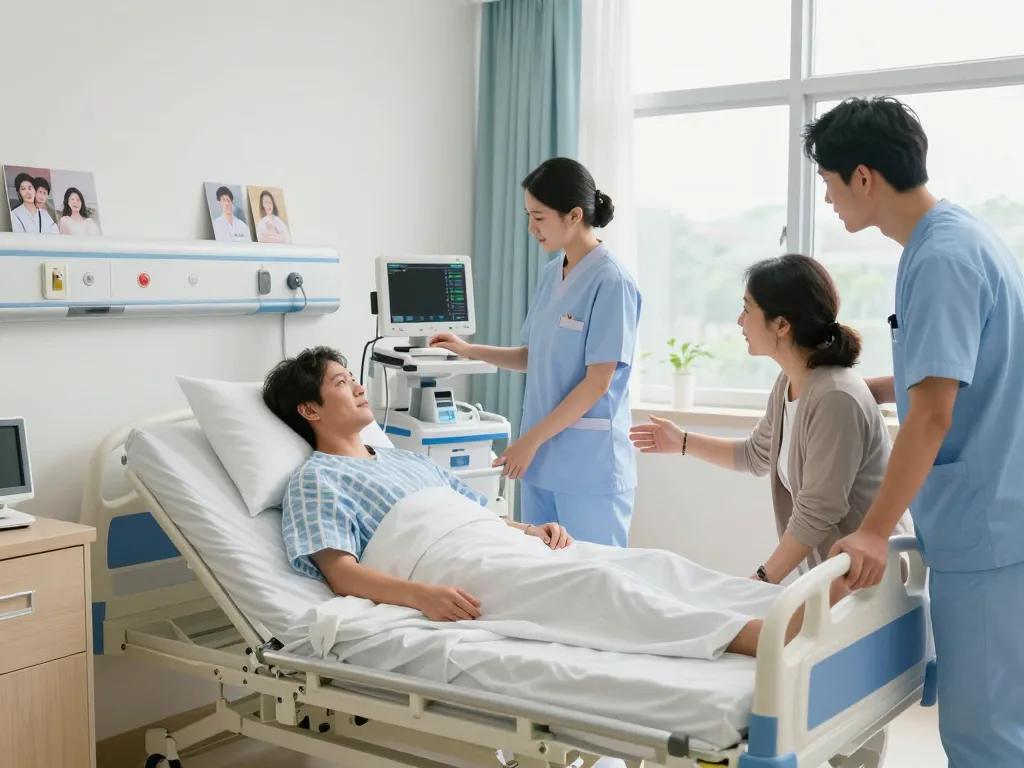 A modern giường bệnh nhân with caregivers in a bright, supportive healthcare room demonstrating compassionate patient care.