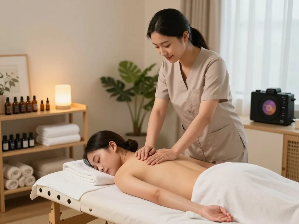 편안함과 웰빙을 촉진하는 아늑한 거실에서 출장마사지를 제공하는 전문 치료사.