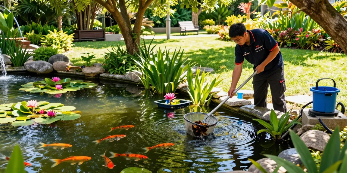 Pond Clean Kent service technician maintaining a serene garden pond, showcasing pond care expertise.