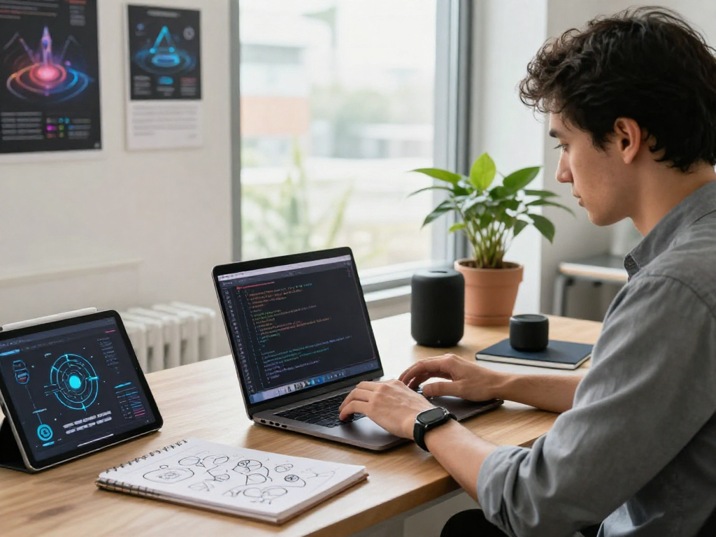 Focused professional working on AI projects, showcasing crush on ai innovation in a modern workspace.