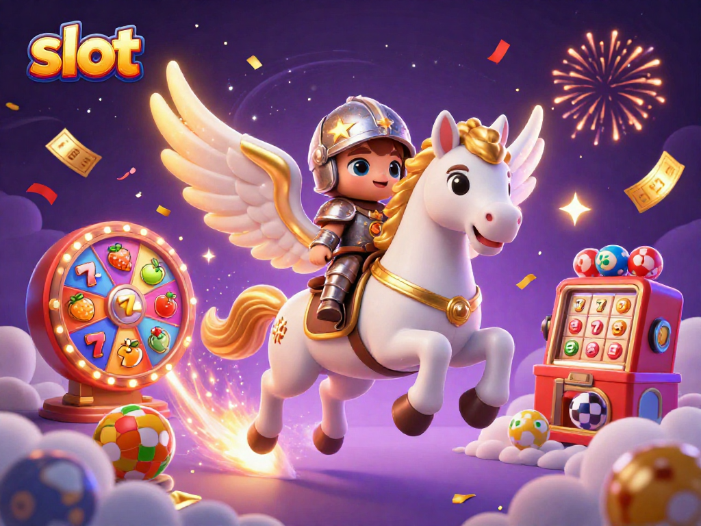 Spin slot reels with a celestial horse and knight, surrounded by dynamic gambling elements.