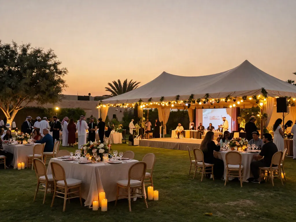 Event rental ksa outdoor celebration featuring elegant tent, decor, and sunset ambiance.