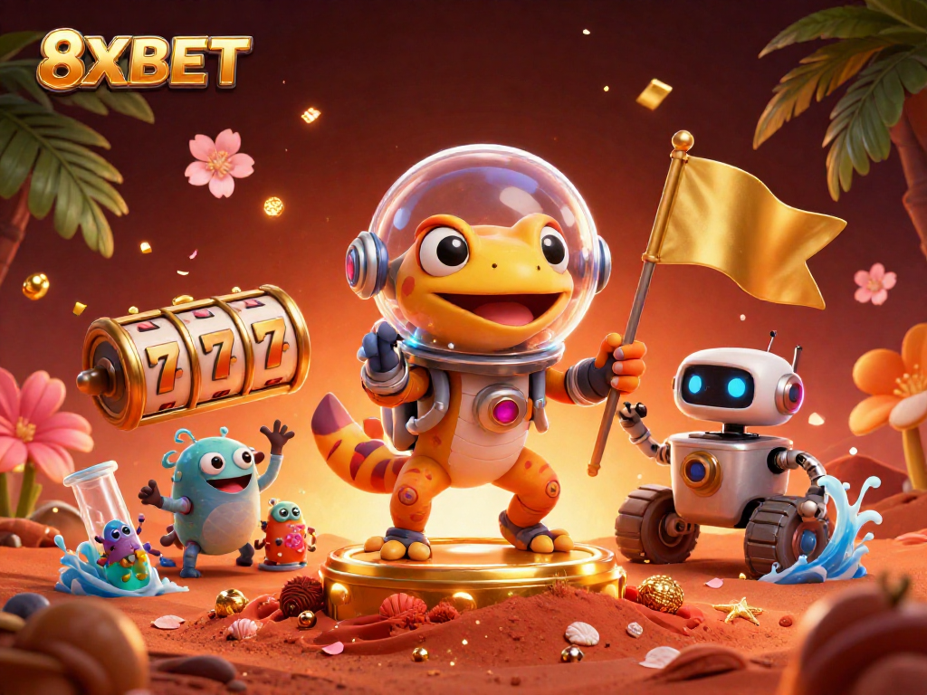Experience the excitement of 8XBET with a 3D cartoon illustration of a Martian gecko discovering a golden casino in the sand.