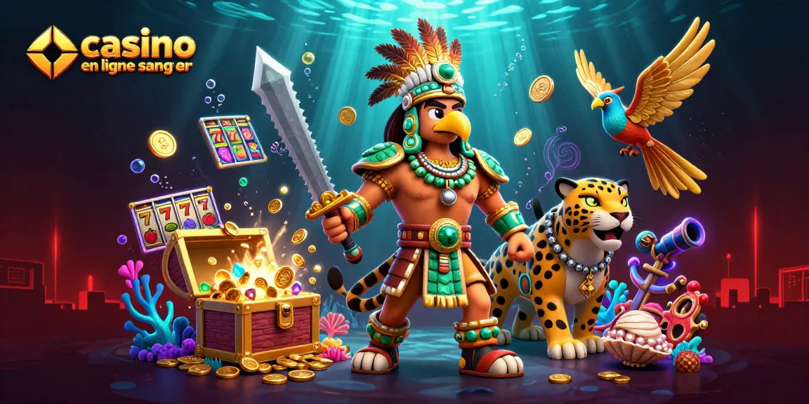 Jouez au casino en ligne sans wager avec une illustration dynamique d'un guerrier aztèque et de machines à sous brillantes.