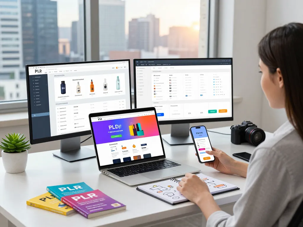PLR Digital Products for Sale displayed on a modern e-commerce workspace with vibrant marketing elements.