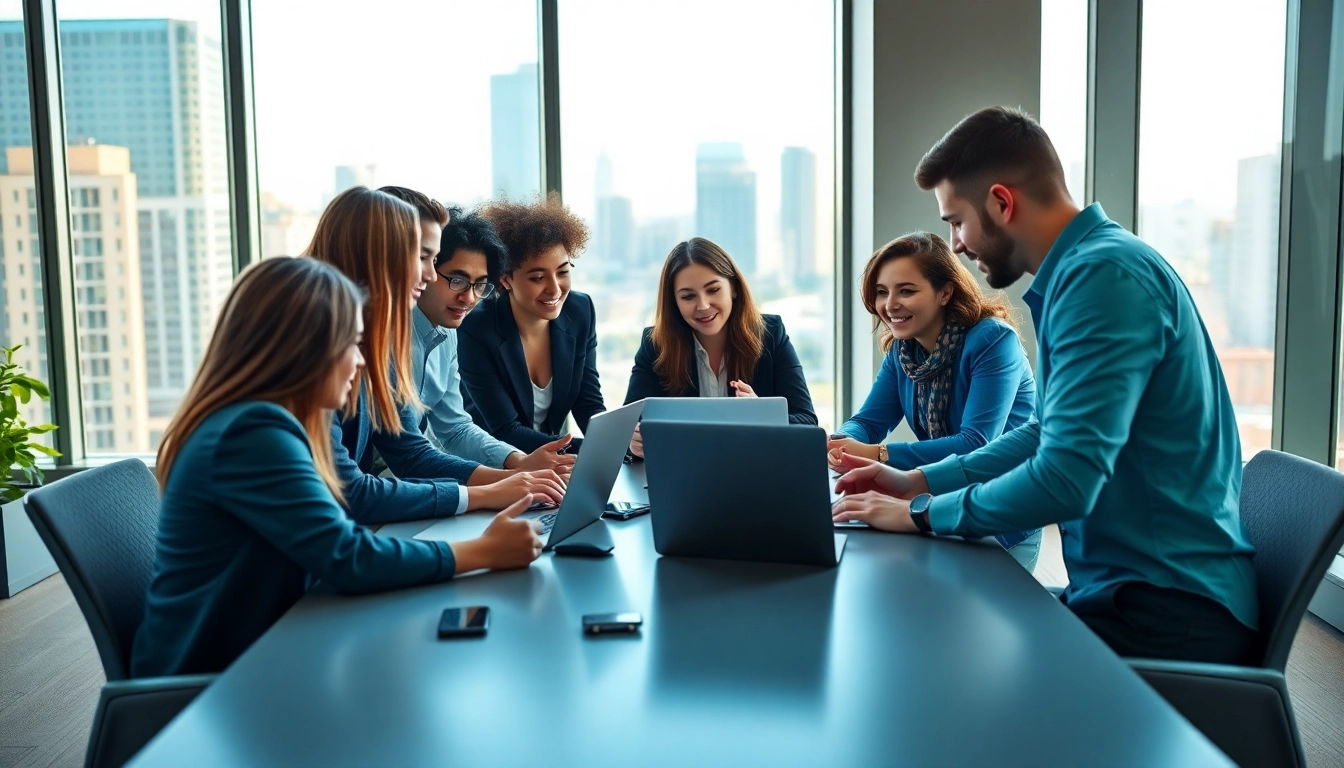 Engaged team collaborating with enterprise assistant saas tools in a bright, modern office.