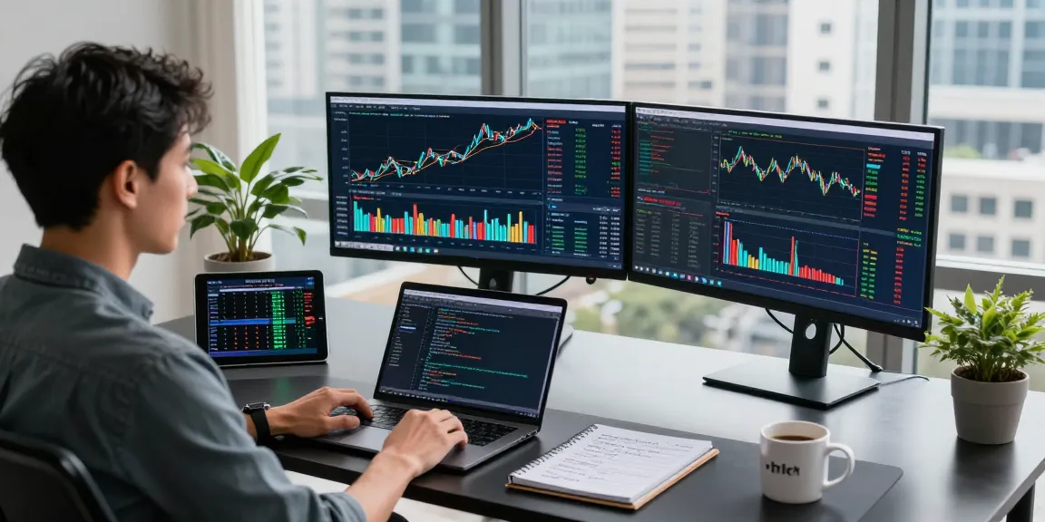 Trader analyzing cotton futures data feed with live currency charts in a professional trading office.