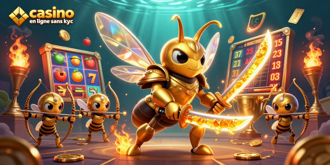 Jouez dans un casino en ligne sans KYC avec cette illustration dynamique de personnages et éléments de jeu.