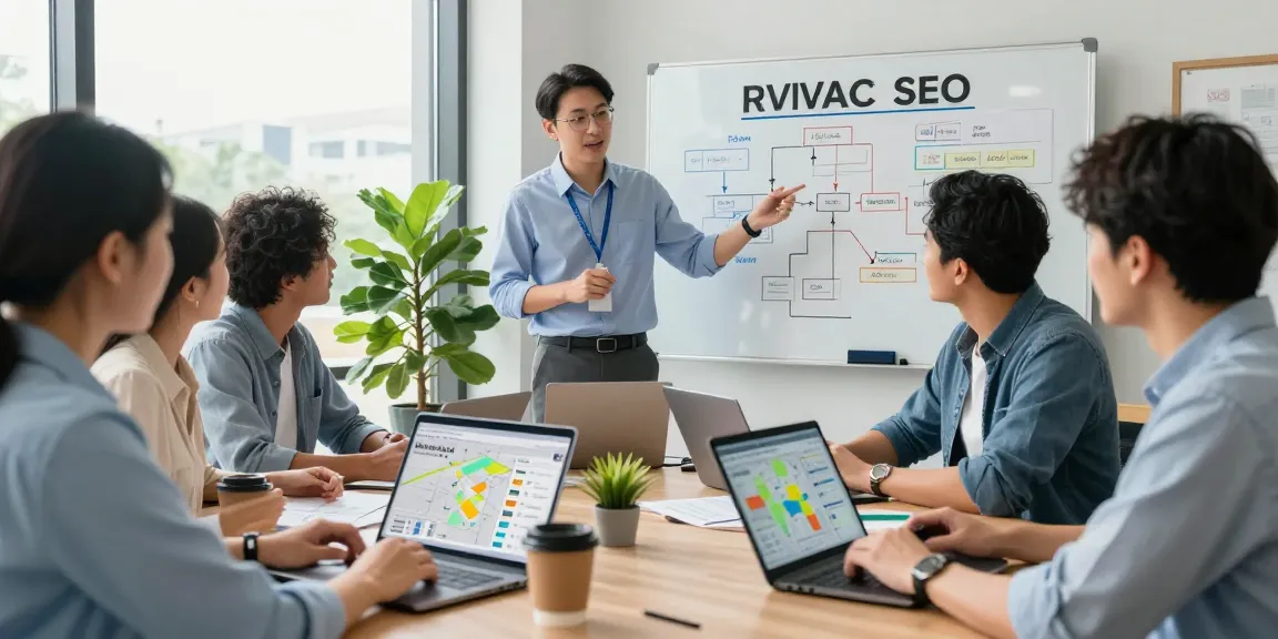 Engaged team strategizing on HVAC SEO company tactics for local market dominance in a modern office.