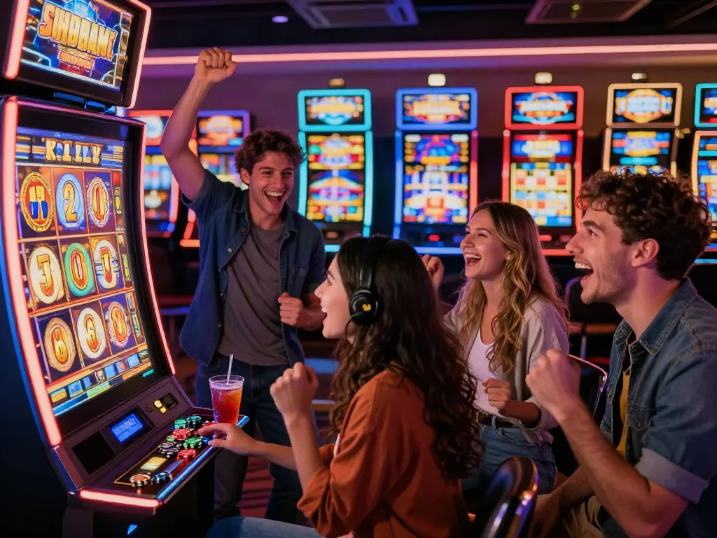 Friends celebrating a slot jackpot win at a vibrant casino with colorful slot machines.