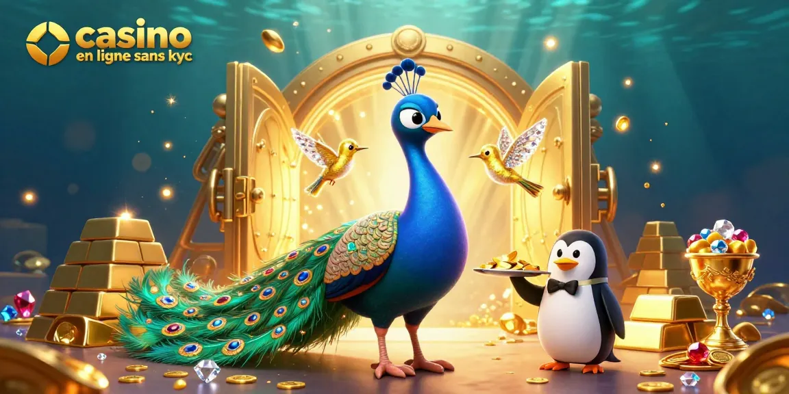 Jouez au casino en ligne sans KYC avec un paon aristocratique entouré de trésors d'or et de joyaux.