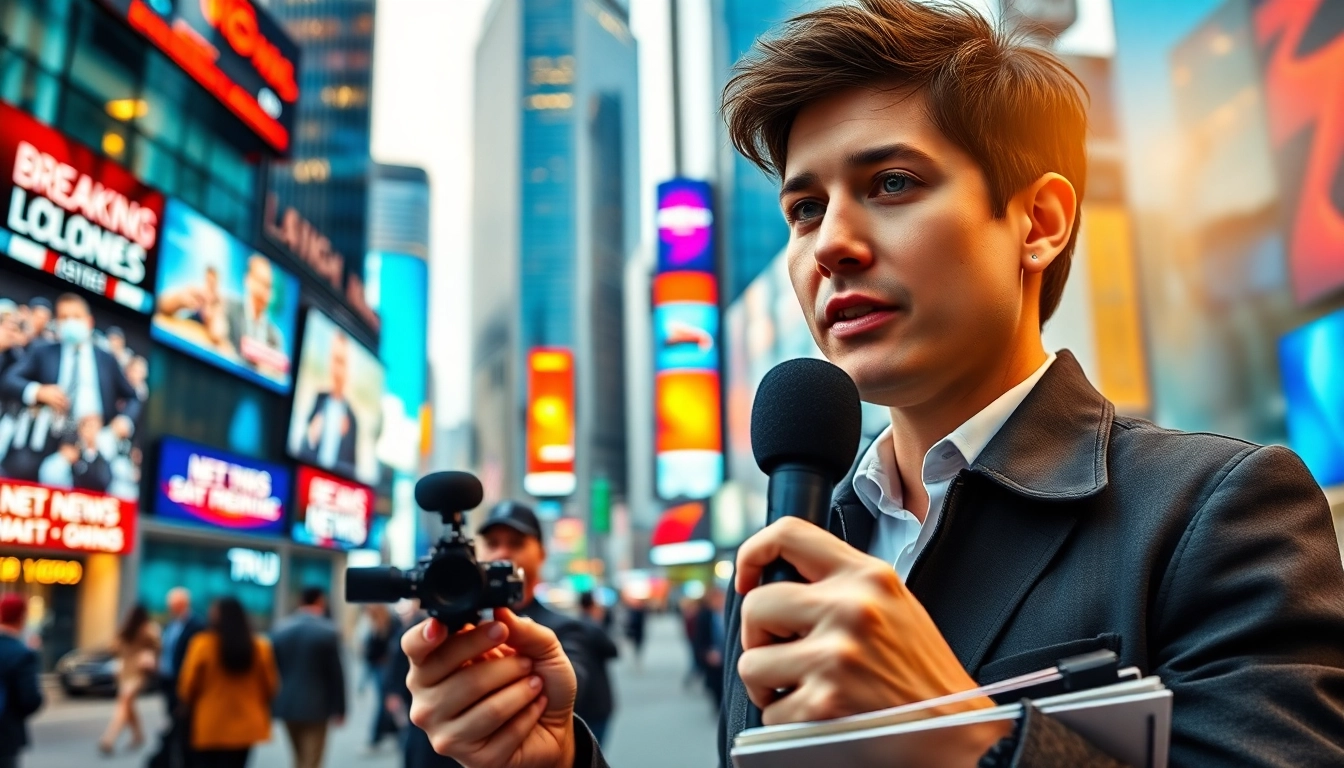Capture news coverage with a dynamic journalist reporting live in a bustling city.