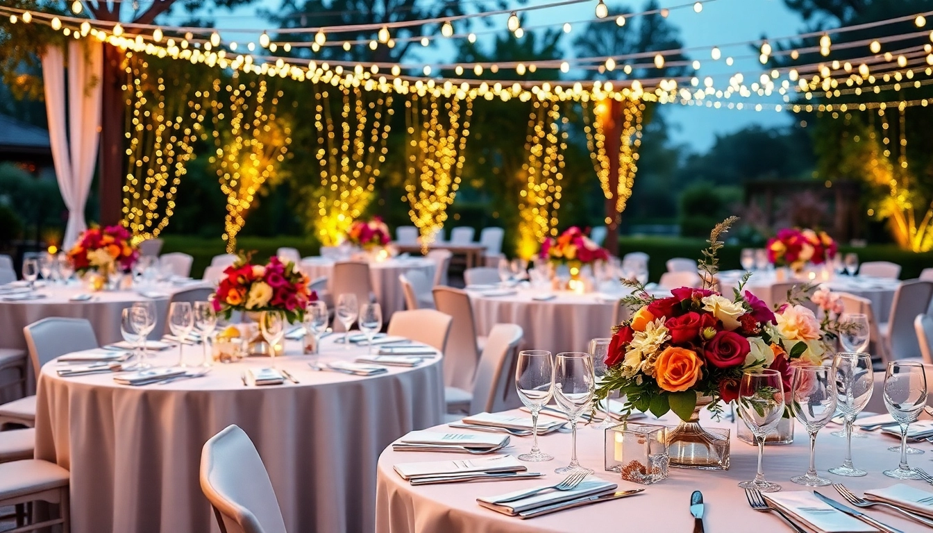 Elegant table rentals arrangement with centerpieces in a beautiful garden setting.