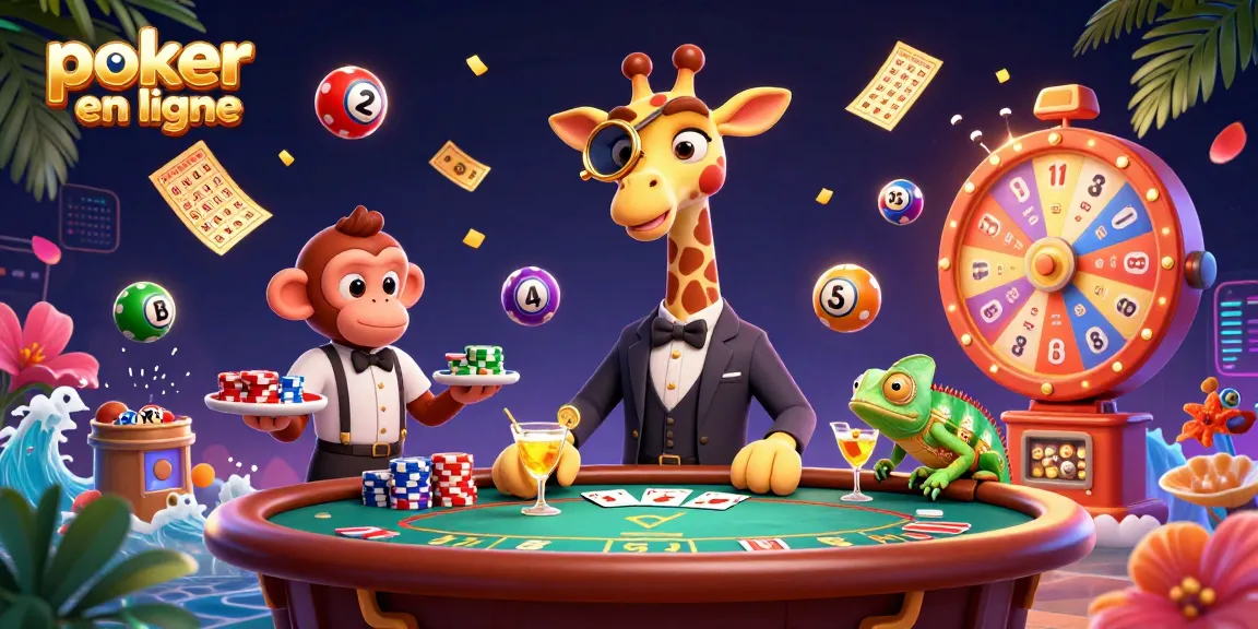 Joue au poker en ligne avec un personnage phare, une girafe en costume, entourée de divers éléments de jeu.
