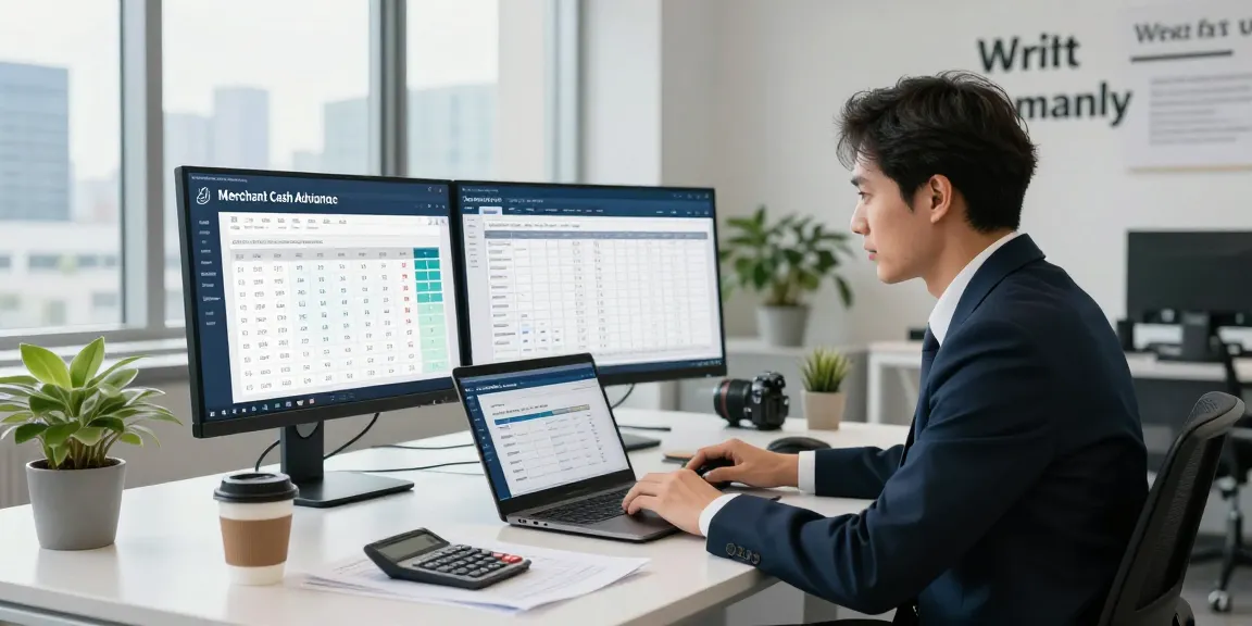 Using a merchant cash advance calculator in a modern office setup.