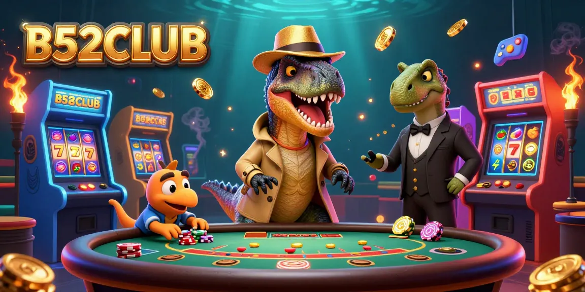 Bets take flight at B52CLUB with cartoon velociraptor card counter and stegosaurus pit boss at a blackjack table.