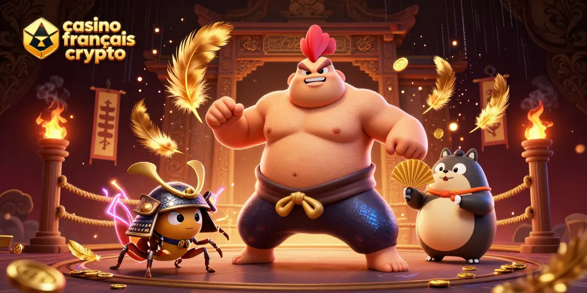 Action intense sur un casino français crypto avec un sumo et un cricket guerrier dans une arène.