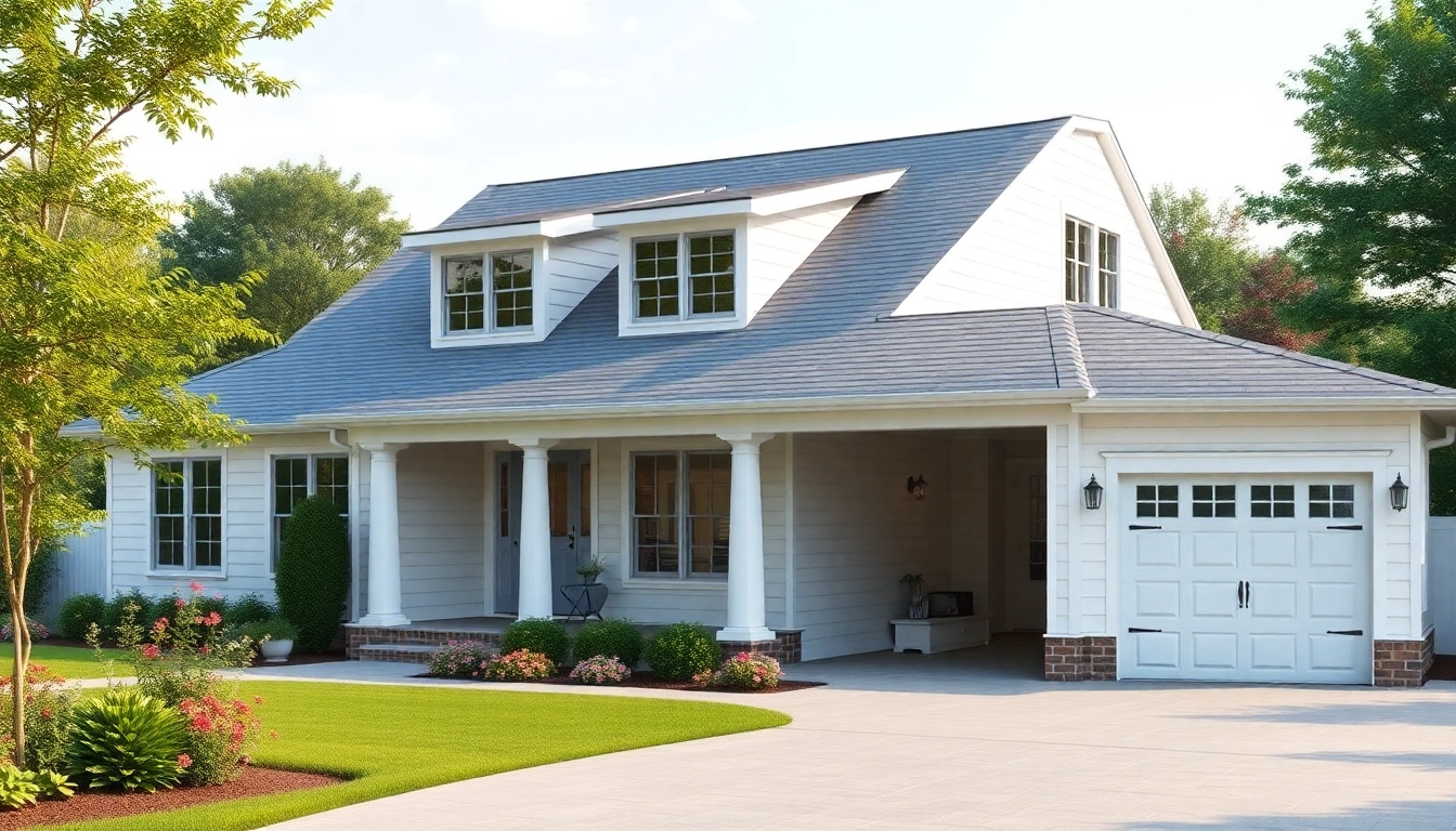 Beautiful cape cod home addition with an attached garage and a serene garden setting.