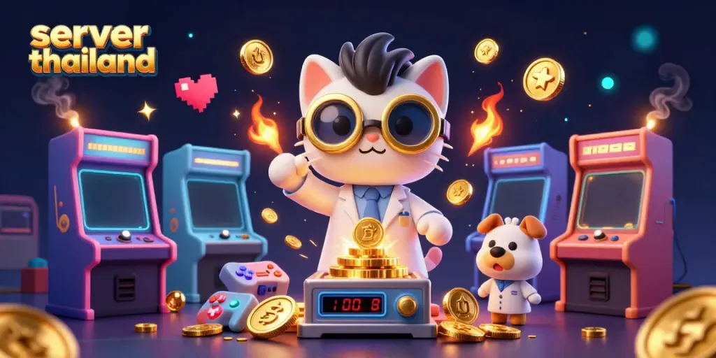 Engage with the dynamic casino adventure featuring server thailand, illustrating a mad scientist cat and assistant in a vibrant arcade.